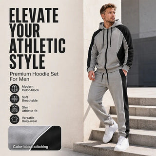 ✨ StrideBlock – Men's Color-Block Zip-Up Hoodie & Sweatpants 2-Piece Set