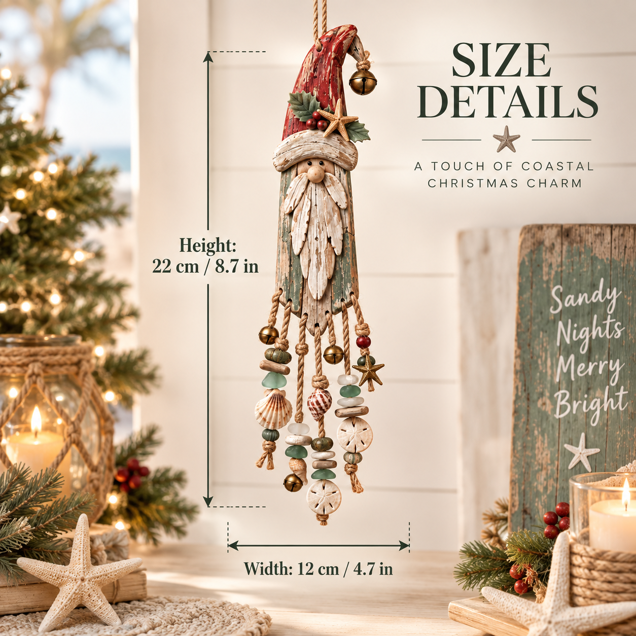 Vintage Coastal Santa Lighted Wall Decor – Beach House Christmas Hanging with Starfish, Shells & Warm Glow