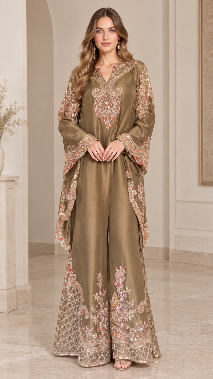 PaisleyGrace – Embroidered V-Neck Tunic and Wide-Leg Pants Set