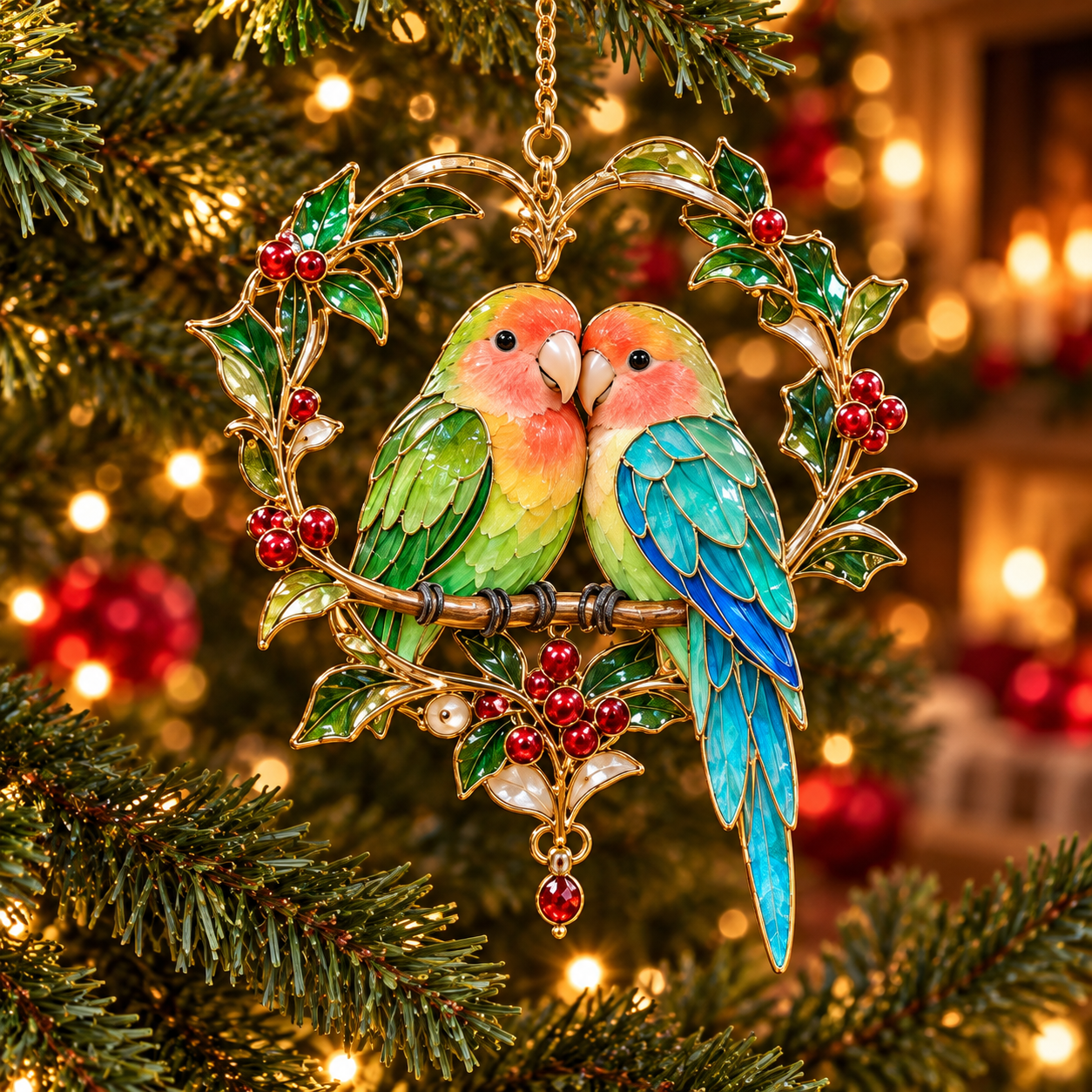 TropicGlow – Vintage Stained Glass-Style Parrot Christmas Ornaments