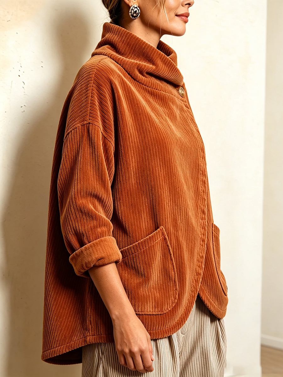 CordaWrap – 🤲⏰ Cozy Asymmetric Button-Accented Corduroy Top