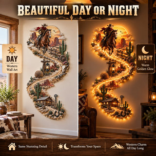 🤠 TrailGlow – Western Cowboy LED Wall Decor, Lighted Wild West Desert Scene with Horseback Rider, Cactus & Ranch Details