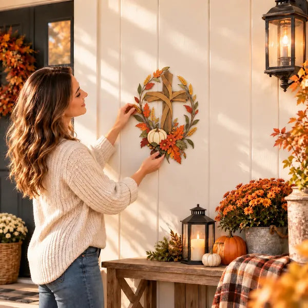 ✝️🍂 Autumn Cross & Pumpkin Harvest Metal Wall Decor