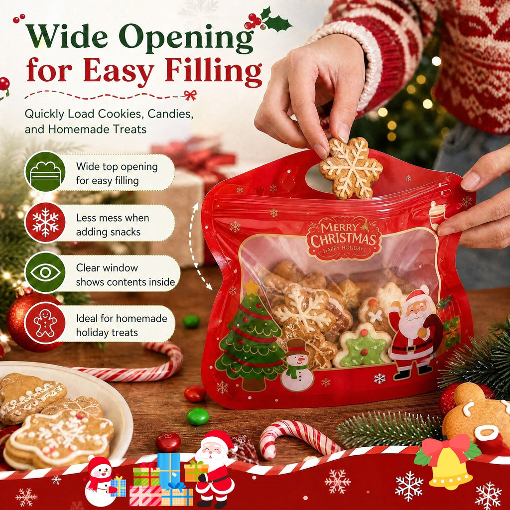 MerryZip – 💖🎁 Easy Fill, Easy Seal 🎄 Festive Self-Seal Treat Bags with Santa & Snowman Print, Resealable, Food-Safe & Perfect for Cookies, Chocolates & Little Gifts 🎅⛄