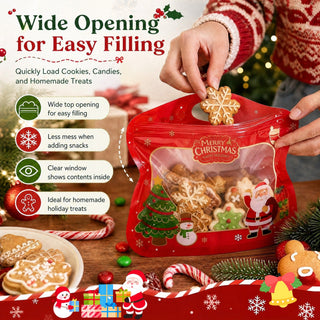 MerryZip – 💖🎁 Easy Fill, Easy Seal 🎄 Festive Self-Seal Treat Bags with Santa & Snowman Print, Resealable, Food-Safe & Perfect for Cookies, Chocolates & Little Gifts 🎅⛄