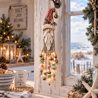 Vintage Coastal Santa Lighted Wall Decor – Beach House Christmas Hanging with Starfish, Shells & Warm Glow