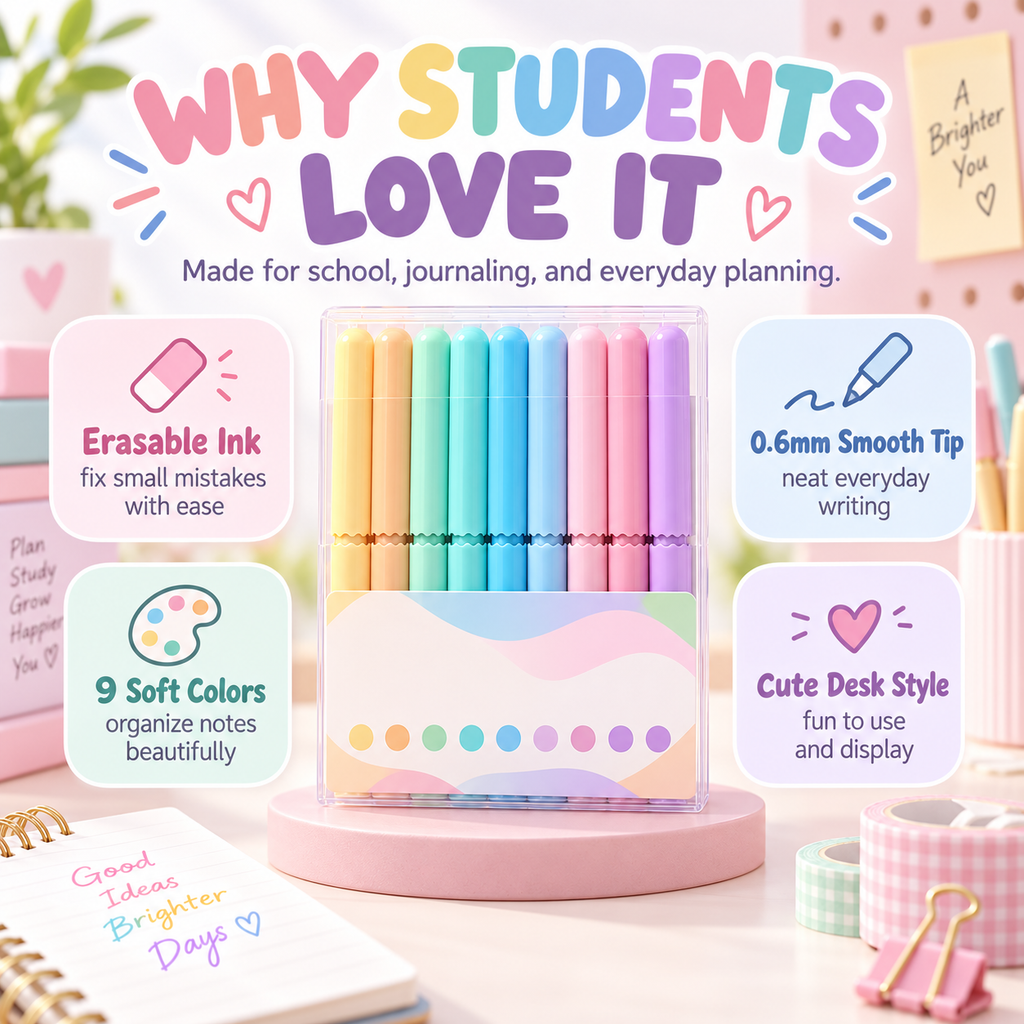 PastelGlide – 🏆✨ 9-Color Erasable Gel Pen Set