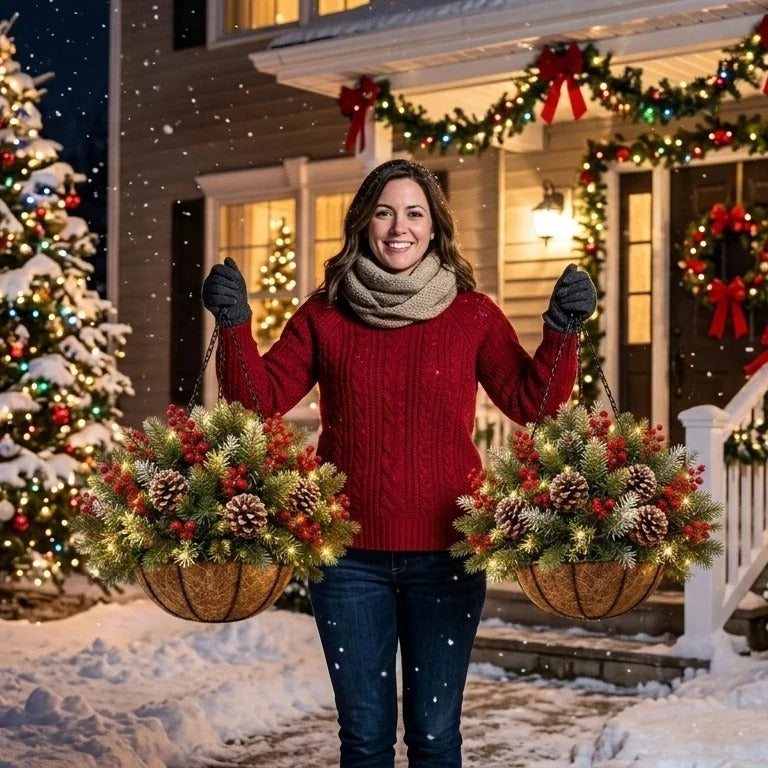 HollyGlow – 🎄🏆 Pre-Lit Christmas Hanging Basket | 🎄 Weather-Resistant & Zero Maintenance