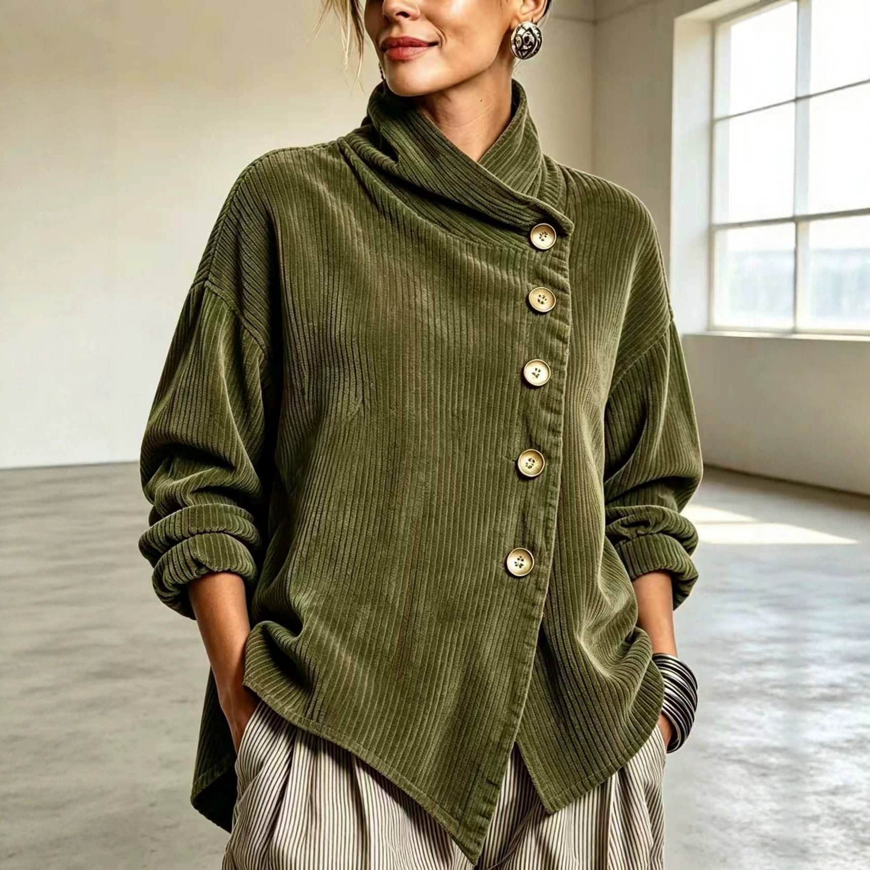 CordaWrap – 🤲⏰ Cozy Asymmetric Button-Accented Corduroy Top