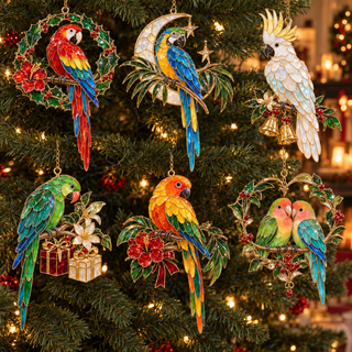 TropicGlow – Vintage Stained Glass-Style Parrot Christmas Ornaments