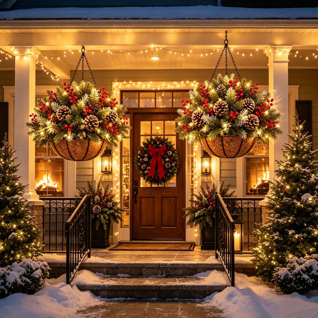 HollyGlow – 🎄🏆 Pre-Lit Christmas Hanging Basket | 🎄 Weather-Resistant & Zero Maintenance