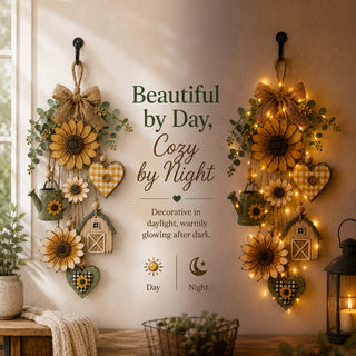 🌻SunnyHearth – Rustic Wooden Garden-Themed Hanging Ornament with Remote Control Fairy Lights