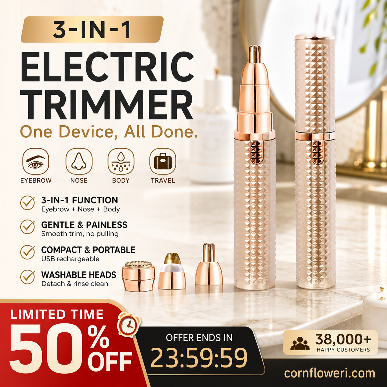 BrowGlide – ✂️🔥 Portable Electric Eyebrow Trimmer with Interchangeable Heads 🪒