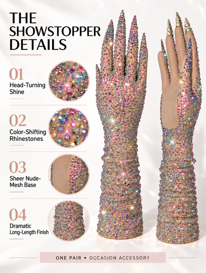 PrismGlow – Rhinestone Opera Gloves with Jeweled Claw Tips