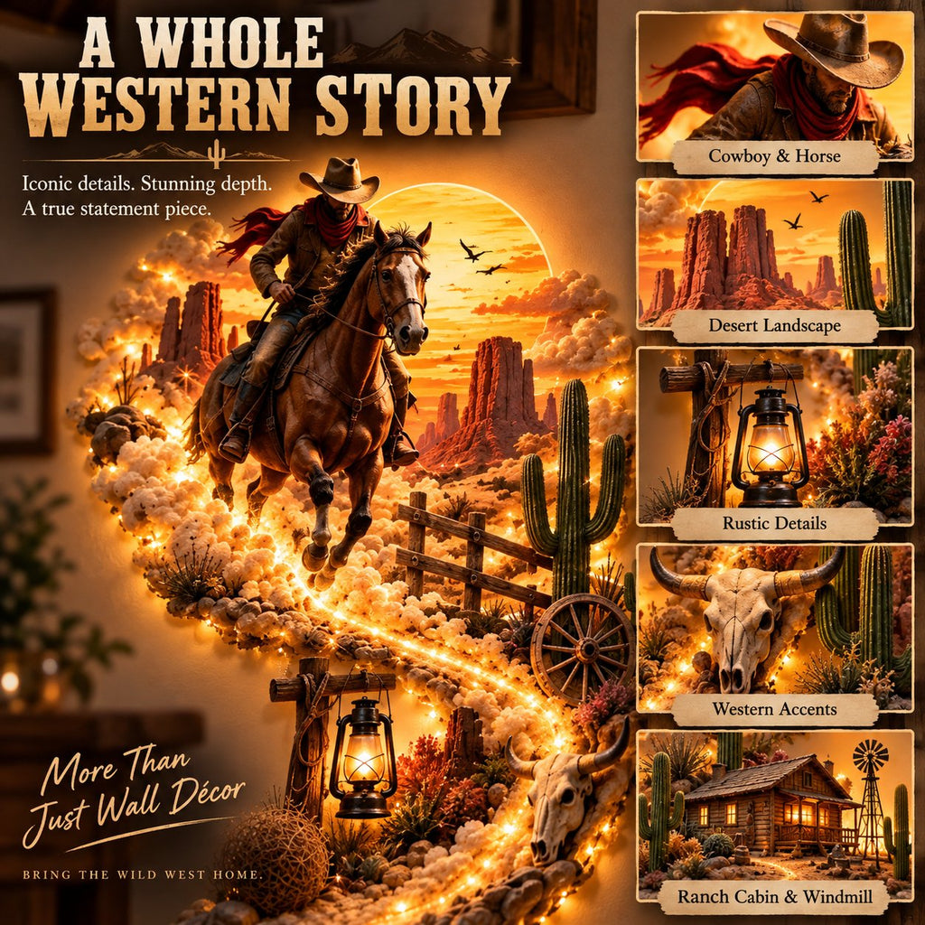 🤠 TrailGlow – Western Cowboy LED Wall Decor, Lighted Wild West Desert Scene with Horseback Rider, Cactus & Ranch Details