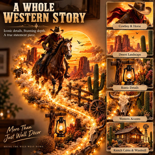 🤠 TrailGlow – Western Cowboy LED Wall Decor, Lighted Wild West Desert Scene with Horseback Rider, Cactus & Ranch Details