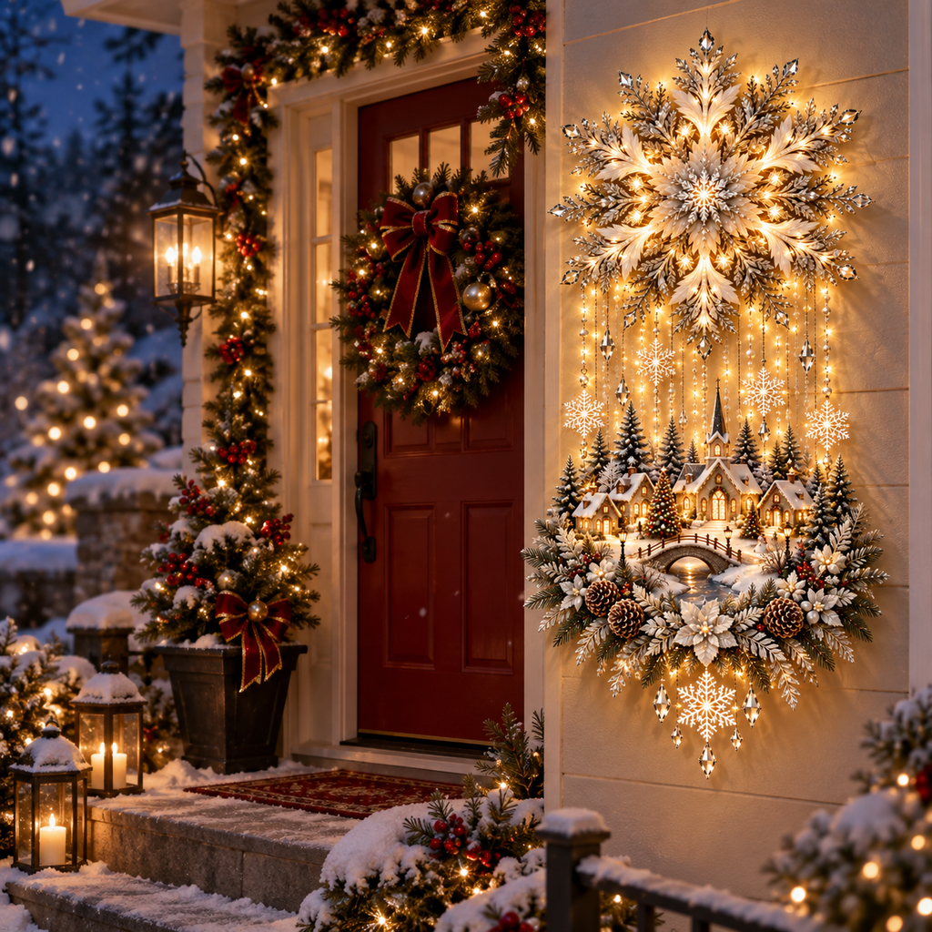 Lighted Christmas wall decoration beside a home entry