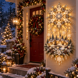 Lighted Christmas wall decoration beside a home entry
