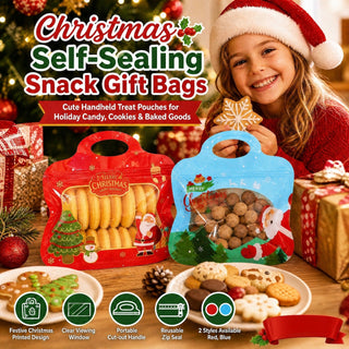 MerryZip – 💖🎁 Easy Fill, Easy Seal 🎄 Festive Self-Seal Treat Bags with Santa & Snowman Print, Resealable, Food-Safe & Perfect for Cookies, Chocolates & Little Gifts 🎅⛄