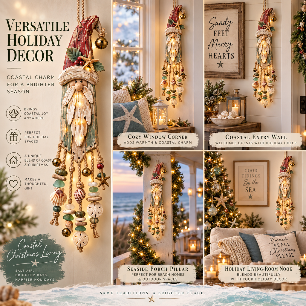 Vintage Coastal Santa Lighted Wall Decor – Beach House Christmas Hanging with Starfish, Shells & Warm Glow