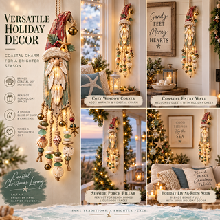 Vintage Coastal Santa Lighted Wall Decor – Beach House Christmas Hanging with Starfish, Shells & Warm Glow