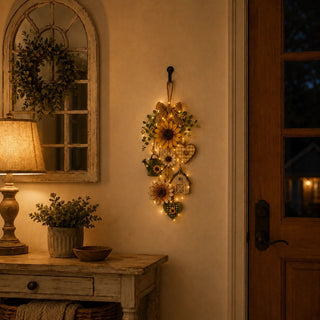 🌻SunnyHearth – Rustic Wooden Garden-Themed Hanging Ornament with Remote Control Fairy Lights