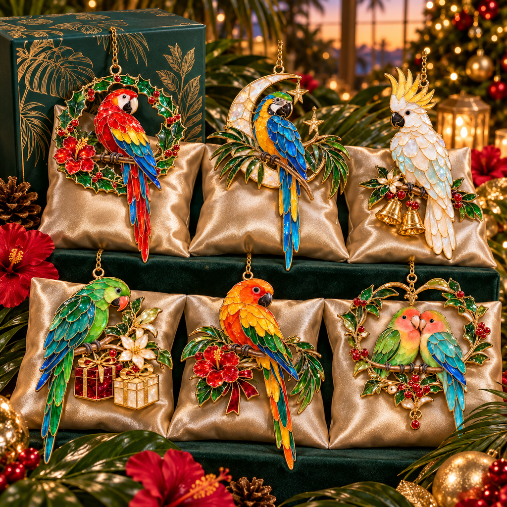 TropicGlow – Vintage Stained Glass-Style Parrot Christmas Ornaments