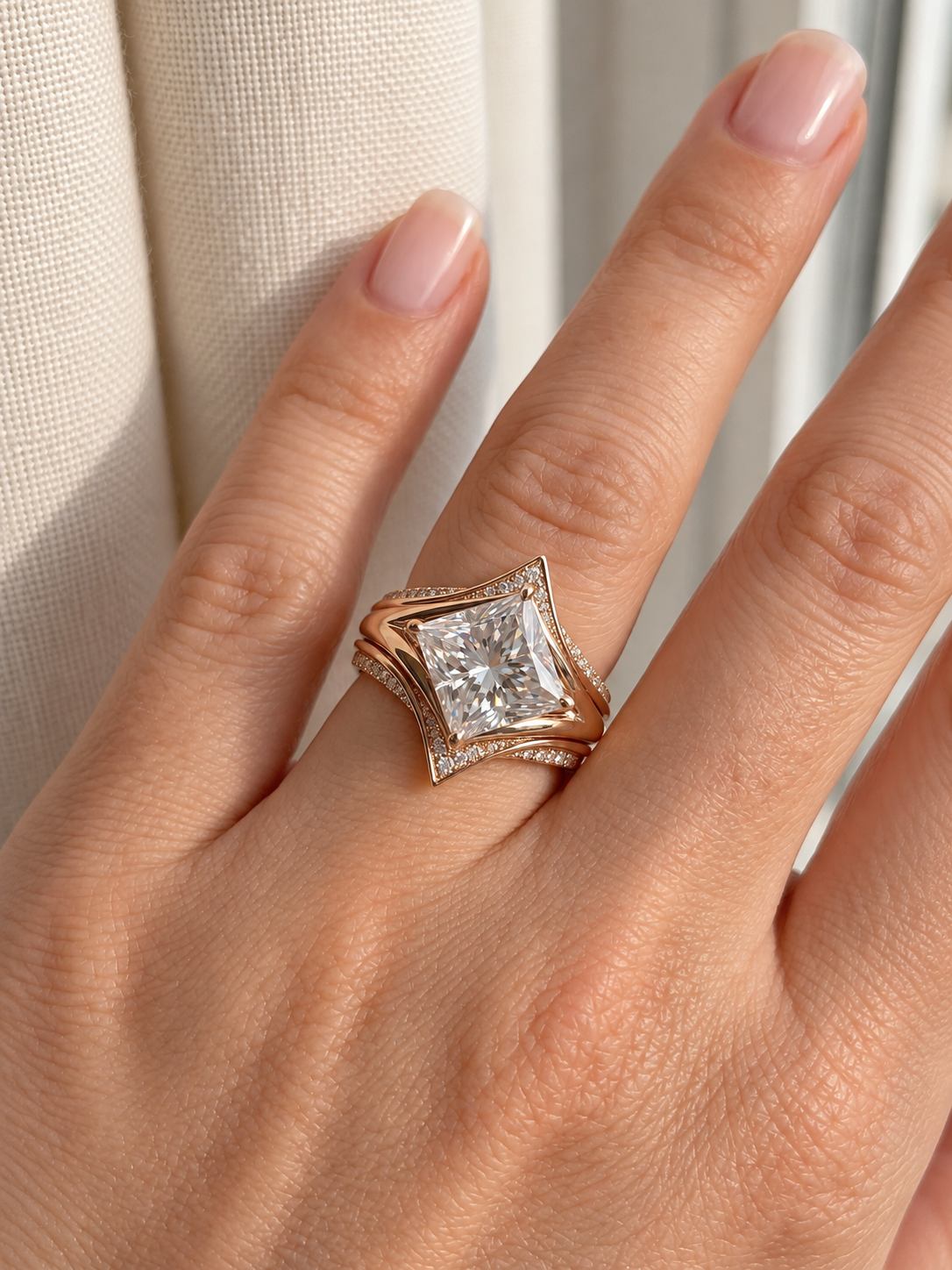 Original close view of the princess-cut center and crown-inspired enhancer