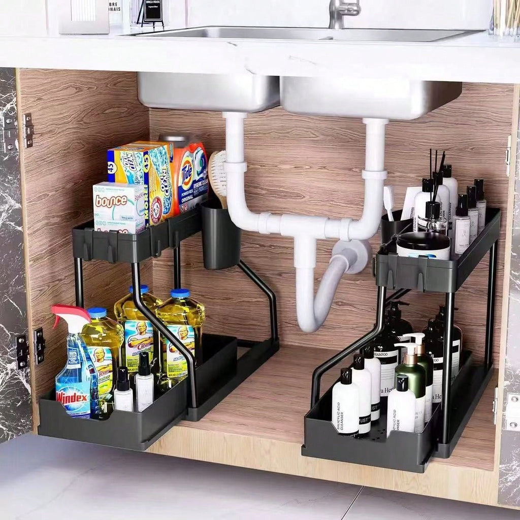 TidyTier – 2-Pack Pull-Out Under-Sink Organizers, 2-Tier Sliding Cabinet Shelves With Hanging Cups