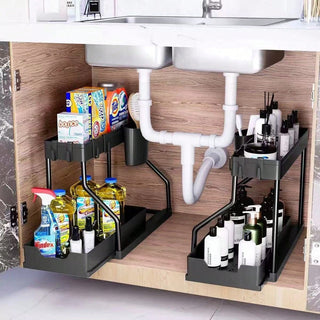 TidyTier – 2-Pack Pull-Out Under-Sink Organizers, 2-Tier Sliding Cabinet Shelves With Hanging Cups