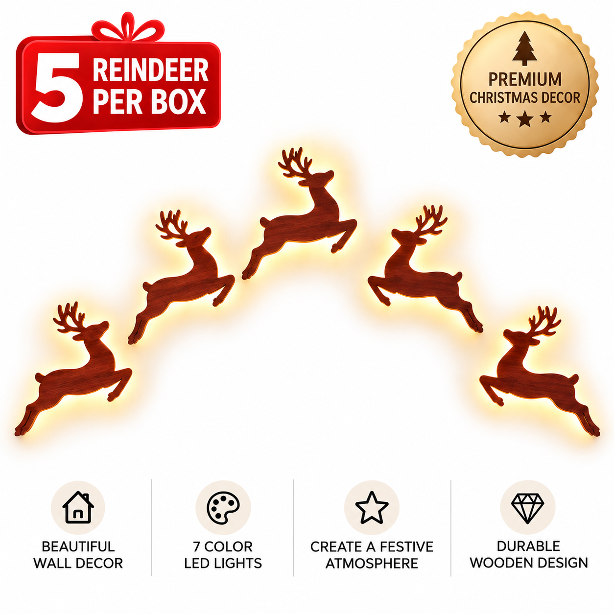 GlowDasher – ✨Christmas Magic Wall Decor✨ 5-Piece Glowing Wooden Reindeer Set