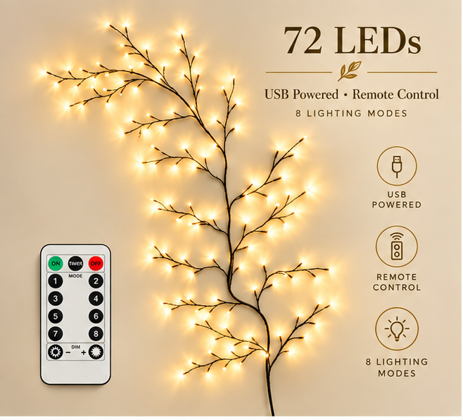 GlowBough – ✨ Flexible Warm White LED Branch Lights for Christmas Wall Decor