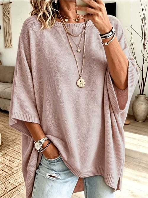 ✨Oversized Round Neck Knit Poncho Sweater, Solid Color Side Slit Loose Pullover for Women