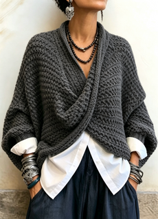 CrossKnit – 🤲⏰ Cozy Relaxed Batwing-Sleeve Crossover V-Neck Sweater