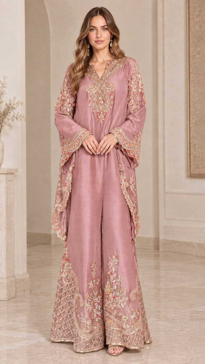 PaisleyGrace – Embroidered V-Neck Tunic and Wide-Leg Pants Set
