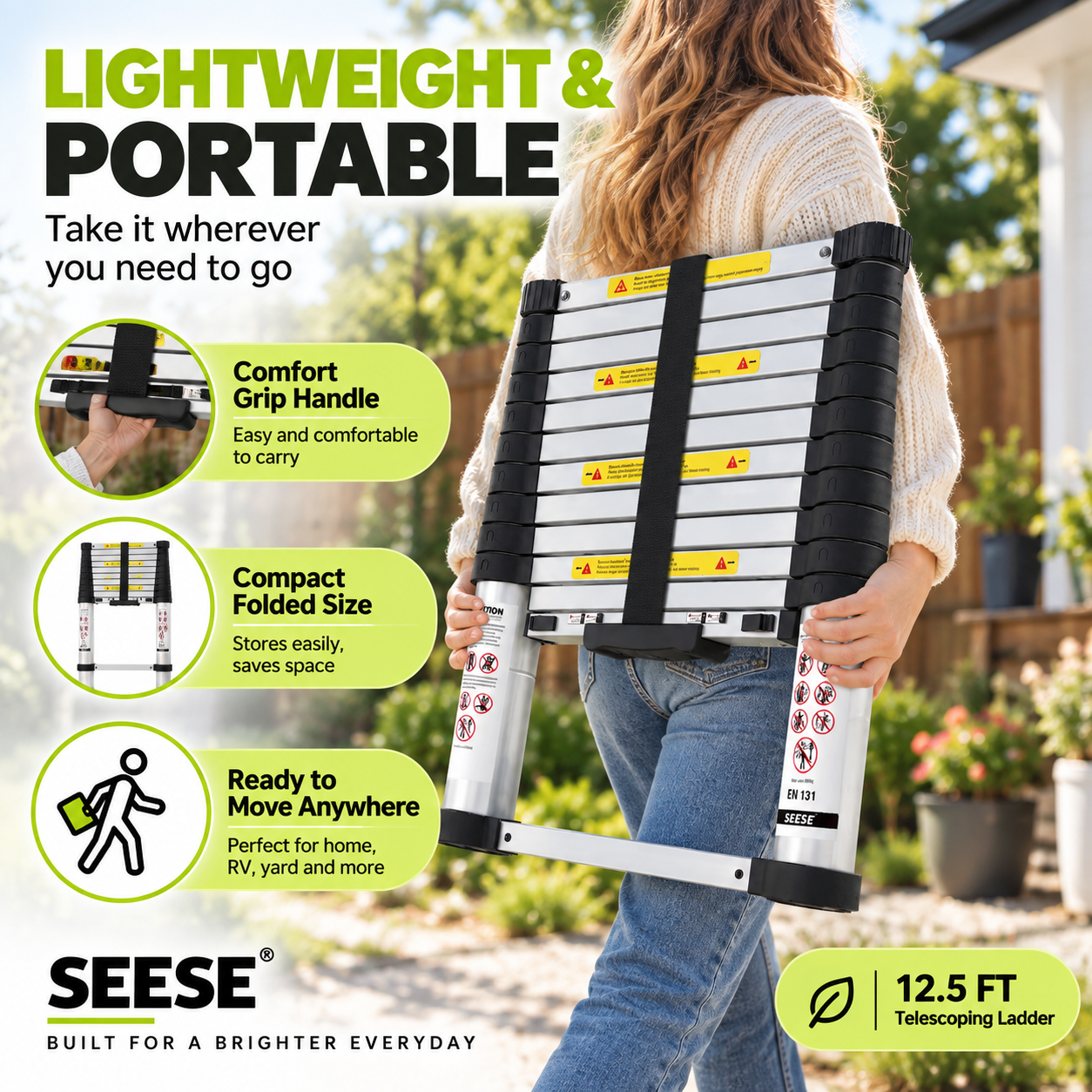 ReachLite – Heavy-Duty Telescoping Aluminum Extension Ladder, 330 lbs Capacity