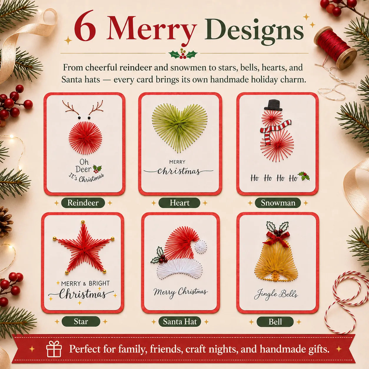 🎄 MerryStitch – Christmas Thread Card DIY Kit (6 pcs)