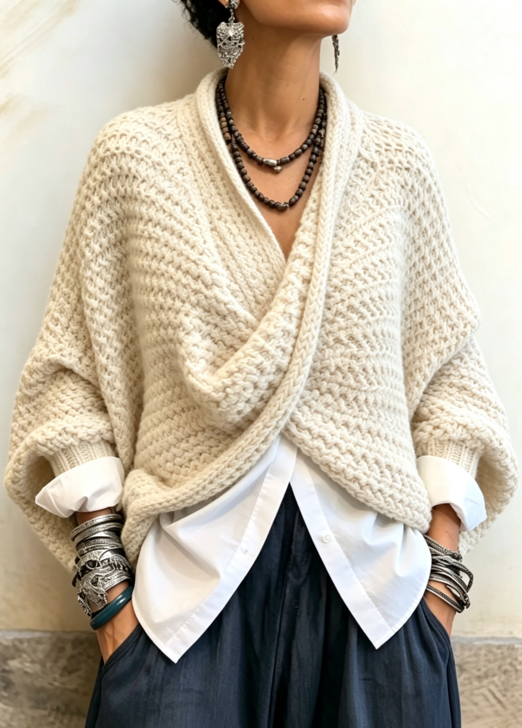 CrossKnit – 🤲⏰ Cozy Relaxed Batwing-Sleeve Crossover V-Neck Sweater