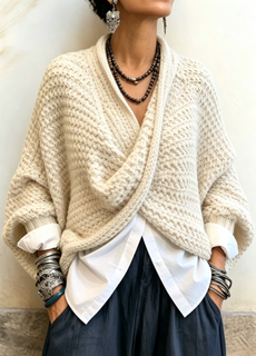 CrossKnit – 🤲⏰ Cozy Relaxed Batwing-Sleeve Crossover V-Neck Sweater