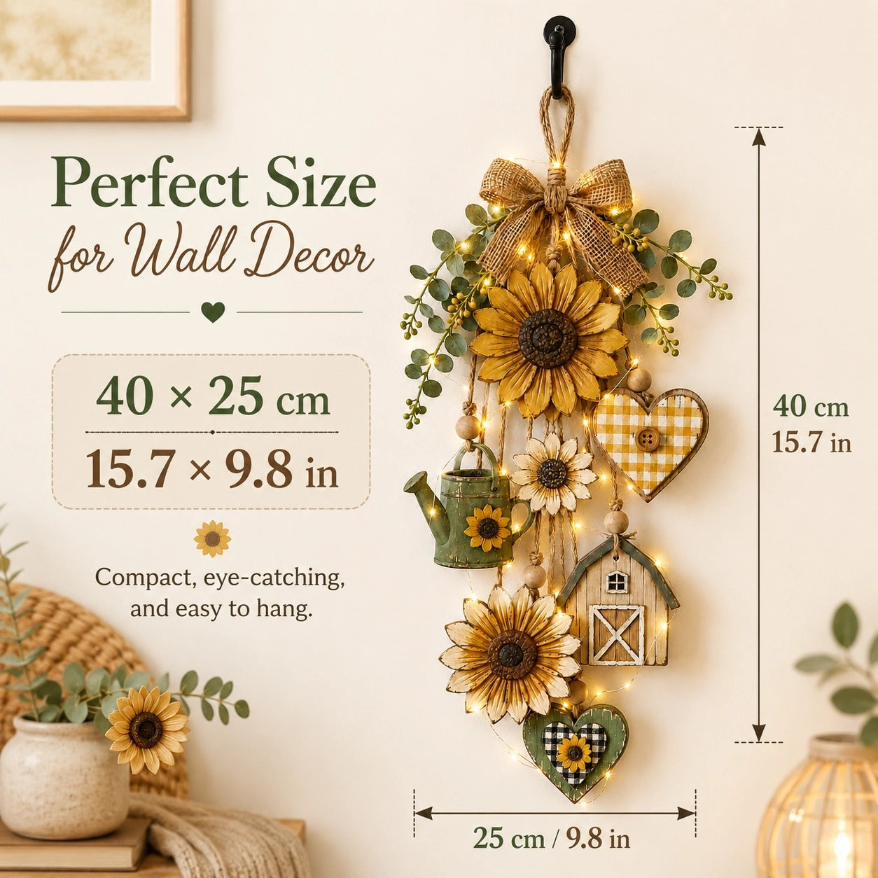 🌻SunnyHearth – Rustic Wooden Garden-Themed Hanging Ornament with Remote Control Fairy Lights