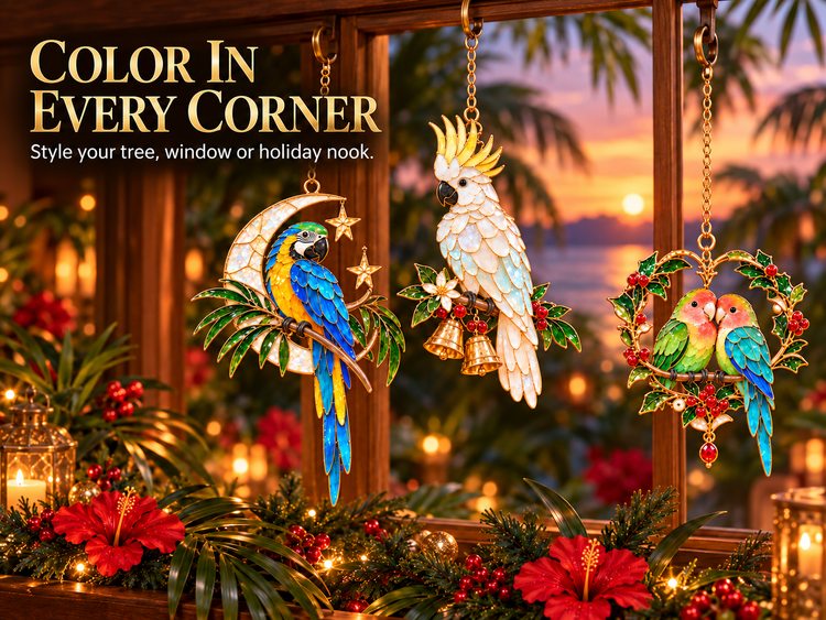 TropicGlow – Vintage Stained Glass-Style Parrot Christmas Ornaments