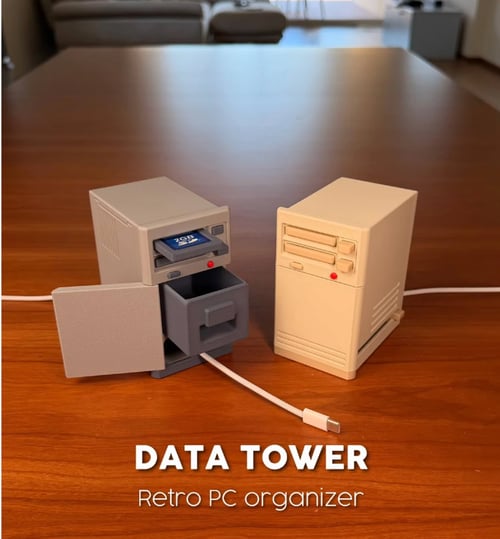 DataTower – Retro 90s PC Desk Organizer with Hidden Charger and Pull-Out Drawer
