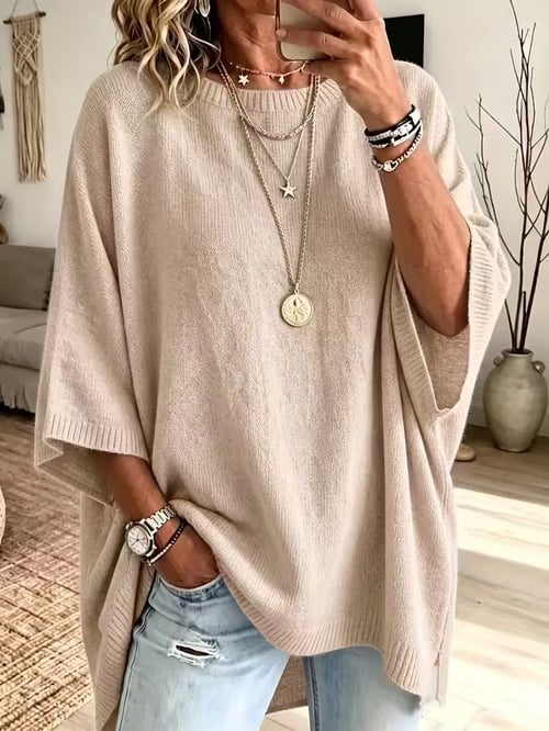 ✨Oversized Round Neck Knit Poncho Sweater, Solid Color Side Slit Loose Pullover for Women