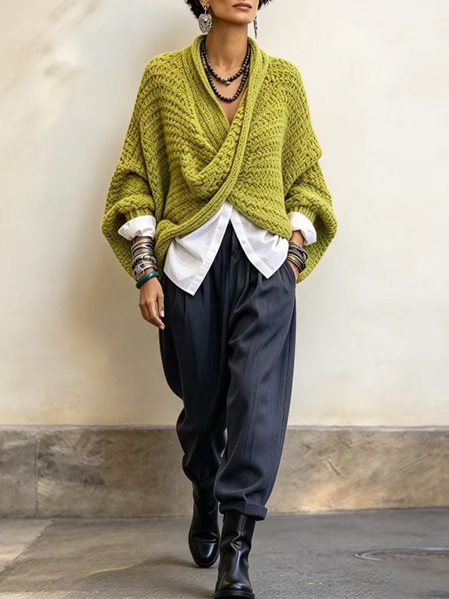 CrossKnit – 🤲⏰ Cozy Relaxed Batwing-Sleeve Crossover V-Neck Sweater