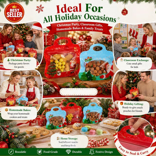 MerryZip – 💖🎁 Easy Fill, Easy Seal 🎄 Festive Self-Seal Treat Bags with Santa & Snowman Print, Resealable, Food-Safe & Perfect for Cookies, Chocolates & Little Gifts 🎅⛄