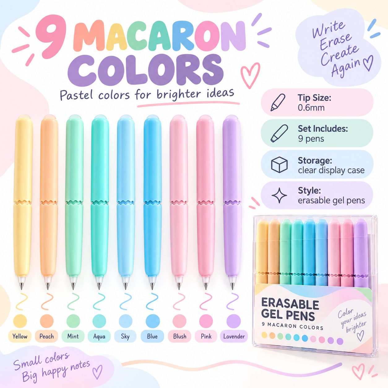 PastelGlide – 🏆✨ 9-Color Erasable Gel Pen Set