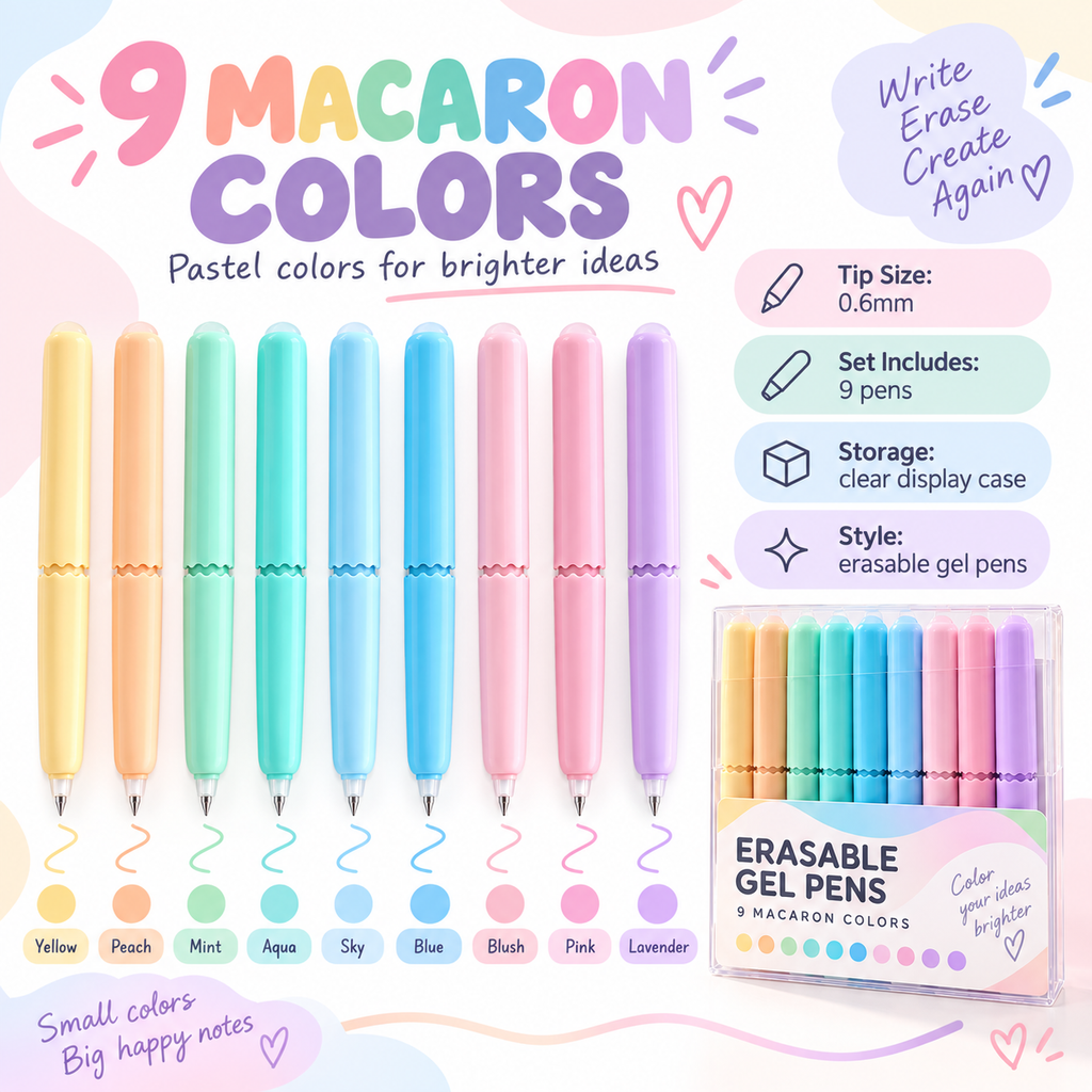 PastelGlide – 🏆✨ 9-Color Erasable Gel Pen Set