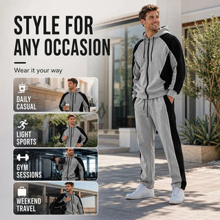 ✨ StrideBlock – Men's Color-Block Zip-Up Hoodie & Sweatpants 2-Piece Set
