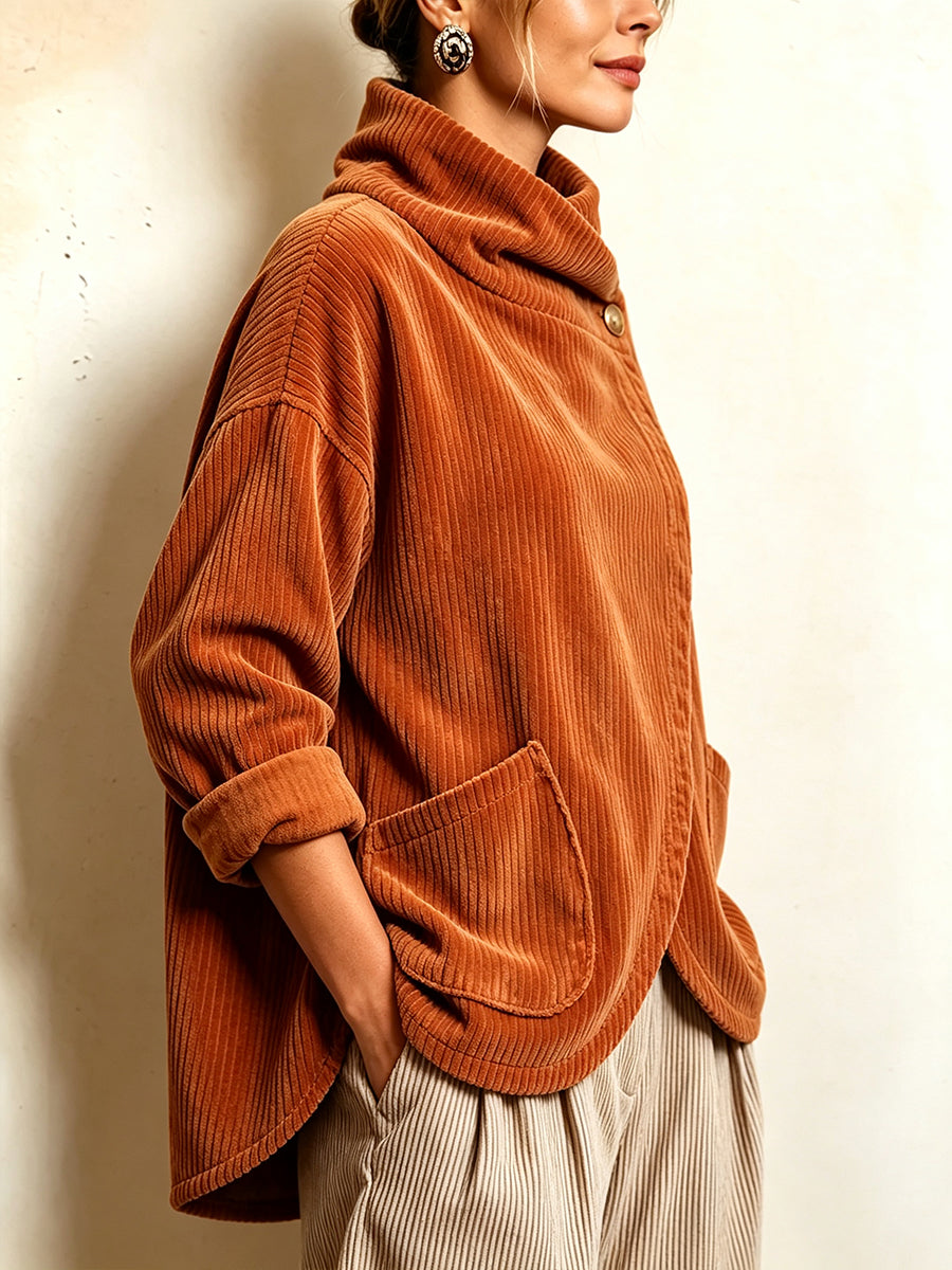CordaWrap – 🤲⏰ Cozy Asymmetric Button-Accented Corduroy Top