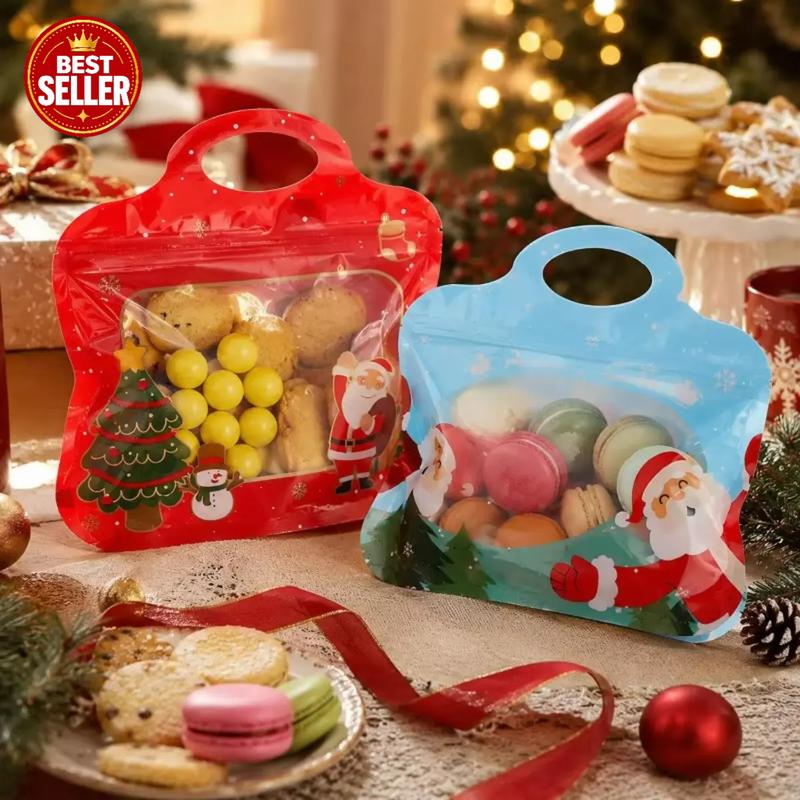 MerryZip – 💖🎁 Easy Fill, Easy Seal 🎄 Festive Self-Seal Treat Bags with Santa & Snowman Print, Resealable, Food-Safe & Perfect for Cookies, Chocolates & Little Gifts 🎅⛄
